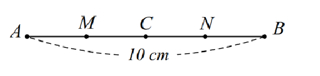 Quan s&aacute;t h&igrave;nh b&ecirc;n. Biết \(AB = 10{\rm{cm}}\), \(C\) l&agrave; trung điểm của đoạn thẳng \(AB\); \(M\) v&agrave; \(N\) lần lượt l&agrave; trung điểm của c&aacute;c đoạn thẳng \(AC\) v&agrave; \(BC\). Khi đ&oacute; độ d&agrave;i đoạn thẳng \( (ảnh 1)