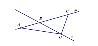 (a) Vẽ trên cùng một hình theo cách diễn đạt sau:  – Hai đường thẳng  m  và  n  cắt nhau tại  B .  – Lấy điểm  O  thuộc đường thẳng  n  nhưng không thuộc đường thẳng  m . Lấy hai điểm  A  và  C   (ảnh 1)
