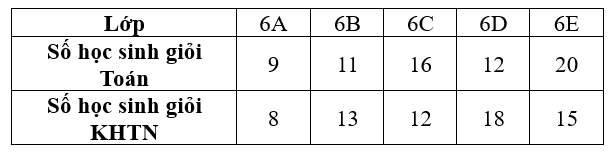 (2,0 điểm) Biểu đồ cột kép dưới đây biểu diễn số học sinh giỏi hai môn Toán và Khoa học tự nhiên (KHTN) của các lớp 6A, 6B, 6C, 6D và 6E.

Dựa vào biểu đồ trên em hãy cho biết:
(a) Đối tượng  (ảnh 3)