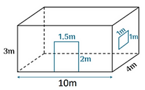 Căn phòng của bác An có một cửa lớn hình chữ nhật và một cửa sổ hình vuông với kích thước như hình bên. Bác cần sơn các bức tường xung quanh và trần của căn phòng này (không sơn cửa). Biết rằ (ảnh 1)