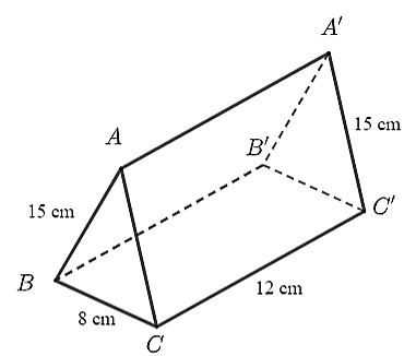 Cho hình lăng trụ đứng  A B C . A ′ B ′ C ′  có kích thước như hình vẽ dưới đây. (ảnh 1)