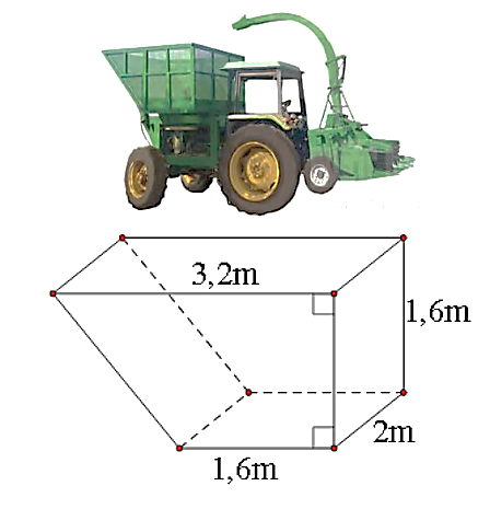 Thùng một chiếc máy nông nghiệp có dạng hình lăng trụ đứng tứ giác như hình vẽ sau. Đáy của hình lăng trụ đứng này (mặt bên của thùng) là một hình thang vuông có độ dài đáy lớn  3 , 2 m ,  đáy nhỏ  1 , 6 m . (ảnh 1)