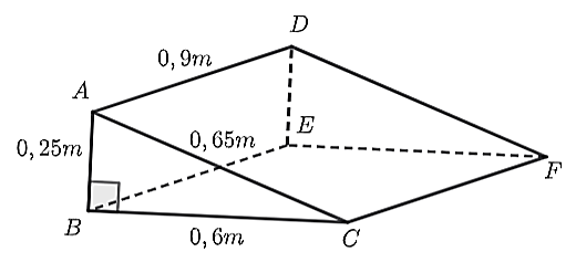 Nhà ông An thuê thợ làm một cái gờ bằng bê tông để xe máy lên xuống bậc thêm có hình dạng giống như hình lăng trụ đứng tam giác dưới đây.    Biết rằng  A B = 0 , 25 m ; B C = 0 , 6 m ; A C = 0 , 65 m ; A D = 0 , 9 m .  (ảnh 1)