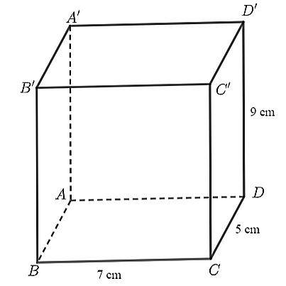 Cho hình hộp chữ nhật với kích thước như hình vẽ bên dưới đây.
 (ảnh 1)