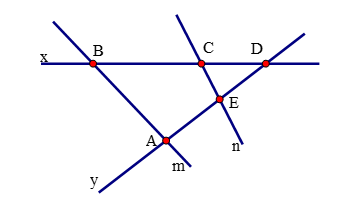 Cho hình vẽ bên.    Em hãy:  (a) Kể tên bộ ba điểm thẳng hàng có chứa điểm  A .  (b) Điểm  E  thuộc những đường thẳng nào? Viết kí hiệu. (ảnh 1)