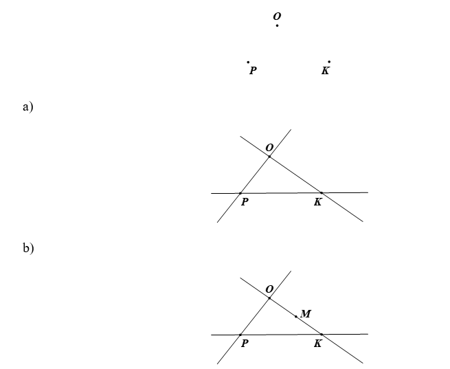 Thực hiện vẽ theo các yêu cầu của bài toán sau trên cùng một hình. Vẽ ba điểm  O , P , K  không thẳng hàng.  (a) Vẽ tất cả các đường thẳng đi qua hai trong ba điểm đó.  (ảnh 1)