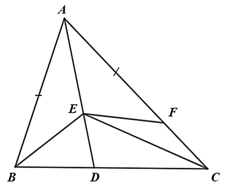 Cho tam giác ABC có AB<AC và AD là tia phân giác của góc A(D∈BC). Gọi E là một điểm bất kì nằm trên cạnh AD(E≠A). Trên cạnh AC lấy điểm F sao cho AB=AF. Khi đó: (ảnh 1)