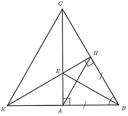 Cho tam giác  A B C  vuông tại  A  có  ˆ B = 60 ∘ . Trên  B C  lấy điểm  H  sao cho  H B = B A , từ  H  kẻ  H E  vuông góc với  B C  tại  H   ( E ∈ A C ) . Gọi  K  là giao điểm của  H E  và  B A . (ảnh 1)