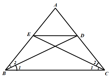 Cho  Δ A B C  cân tại  A .  Tia phân giác góc  B  cắt cạnh  A C  tại  D , tia phân giác góc  C  cắt cạnh  A B  tại  E .    Khi đó: (ảnh 1)