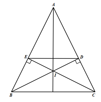 Cho tam giác  A B C  cân tại  A ( ˆ A < 90 ∘ ) . Kẻ  B D ⊥ A C  tại  D ,  kẻ  C E ⊥ A B  tại  E . Gọi  I  là giao điểm của  B D  và  C E .    Khi đó: (ảnh 1)