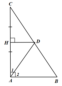Cho  Δ A B C  vuông tại  A .  Đường trung trực của đoạn thẳng  A C  cắt  A C  tại  H ,  cắt  B C  tại  D .  Nối  A  và  D .    Khi đó: (ảnh 1)
