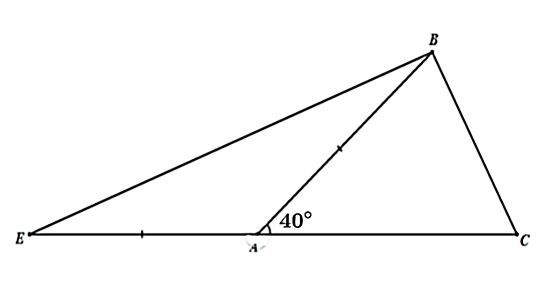 Cho ΔABC có   ˆ A  =40∘,  ˆ B  −  ˆ C  =20∘ trên tia đối của AC lấy điểm E sao cho AE=AB. Hỏi số đo của   ^ CBE   bằng bao nhiêu độ? (ảnh 1)