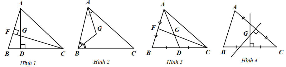 Cho các hình vẽ sau:Khi đó, hình vẽ nào có điểm  G  cách đều ba đỉnh của  Δ A B C ? (ảnh 1)