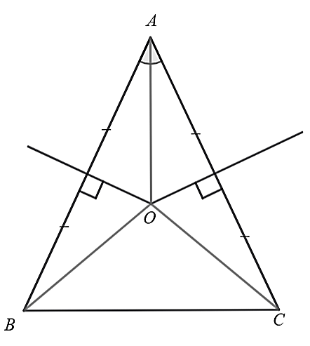 Cho  Δ A B C  cân ở  A B = A C .  Hai đường trung trực của hai cạnh  A B , A C  cắt nhau tại  O . Khi đó, khẳng định nào sau đây là đúng? (ảnh 1)