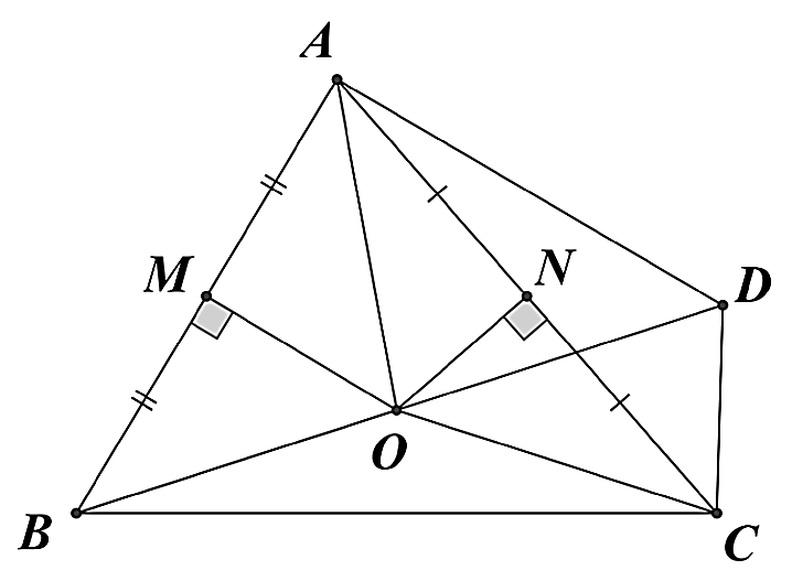 Cho  Δ A B C  có ba góc nhọn,  O  là giao điểm hai đường trung trực của  A B  và  A C . Trên tia đối của tia  O B  lấy điểm  D  sao cho  O B = O D .    Khi đó: (ảnh 1)