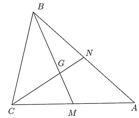 Cho  G  là giao của hai trung tuyến  B M  và  C N  của tam giác  A B C  trong hình vẽ.    Khẳng định nào sau đây là đúng? (ảnh 1)