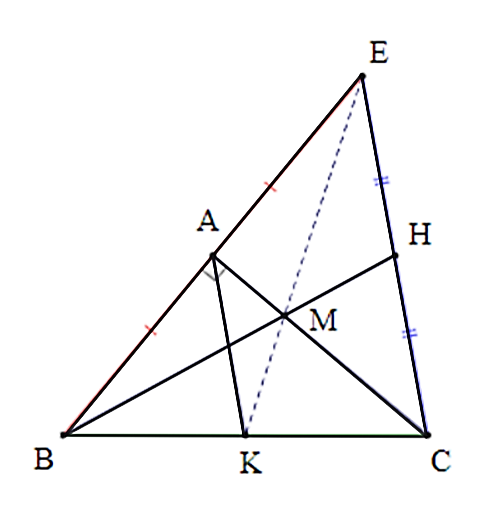Cho tam giác  A B C  vuông tại  A . Trên tia đối của tia  A B , lấy điểm  E  sao cho  A  là trung điểm của  B E . Kẻ đường trung tuyến  B H  của tam giác  B E C ,  B H  cắt  A C  tại  M . Gọi  K  là trung điểm  B C . (ảnh 1)