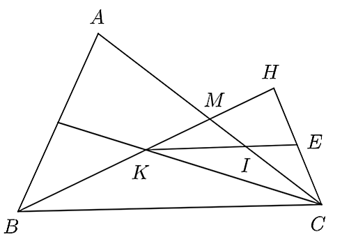 Cho tam giác  A B C  có  M  là trung điểm của  A C . Trên đoạn  B M  lấy điểm  K  sao cho  M K = 1 2 K B . Điểm  H  thuộc tia đối của tia  M K  sao cho  B H = 2 B K .  Gọi  I  là điểm thuộc cạnh  A C  và  I C = 1 3 C A . Đường  K I  cắt  H C  ở  E (ảnh 1)