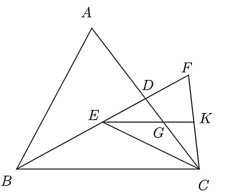 Cho  Δ A B C  có  D  là trung điểm của  A C .  Trên đoạn  B D  lấy điểm  E  sao cho  B E = 2 E D .  Điểm  F  thuộc tia đối của tia  D E  sao cho  B F = 2 B E . Gọi  K  là trung điểm của  C F  và  G  là giao điểm của  E K  và  A C . (ảnh 1)