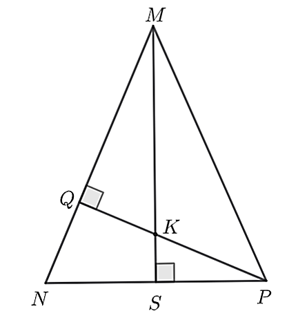 Cho  Δ M N P  cân tại  M ,  đường cao  P Q  cắt đường phân giác  M S  ở  K .  Khẳng định nào sau đây là sai? (ảnh 1)