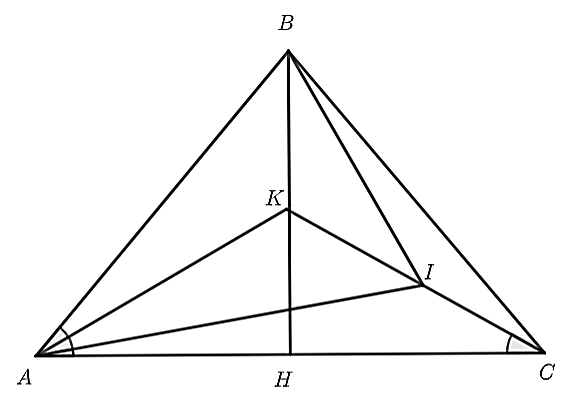 Cho tam giác  A B C  cân tại  B , ˆ A B C = 80 ∘ . Lấy điểm  I  ở bên trong tam giác sao cho  ˆ I A C = 10 ∘ , ˆ I C A = 30 ∘ .  Đường phân giác của  ˆ B A I  cắt đường thẳng  C I  tại  K . (ảnh 1)