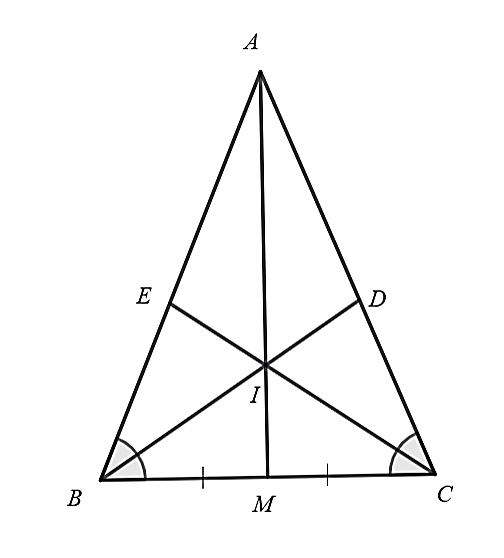 Cho  Δ A B C  cân tại  A . Kẻ các đường phân giác  B D , C E  cắt nhau tại  I . Lấy điểm  M  là trung điểm của  B C . (ảnh 1)