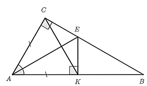 Cho  Δ A B C  vuông tại  C  có  ˆ A = 60 ∘ .  Trên cạnh  A B  lấy điểm  K  sao cho  A K = A C . Từ  K  kẻ đường thẳng vuông góc với  A B , cắt  B C  tại  E . (ảnh 1)