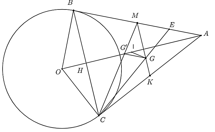 Cho đường tròn  ( O ; R )  và điểm  A  ở bên ngoài đường tròn. Vẽ hai tiếp tuyến  A B , A C  của đường tròn  ( O )  với  B , C  là các tiếp điểm. Gọi  M  là trung điểm  A B  và  G  là trọng tâm tam giác  A C M (ảnh 1)