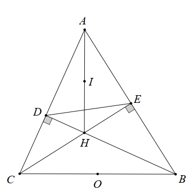 Cho tam giác  A B C  có ba góc nhọn. Vẽ các đường cao  B D  và  C E  của tam giác  A B C . Gọi  H  là giao điểm của  B D  và  C E .  (a) Chứng minh  A D H E  là tứ giác nội tiếp.  (b) Chứng minh  B C D E  là tứ giác nội tiếp. (ảnh 1)