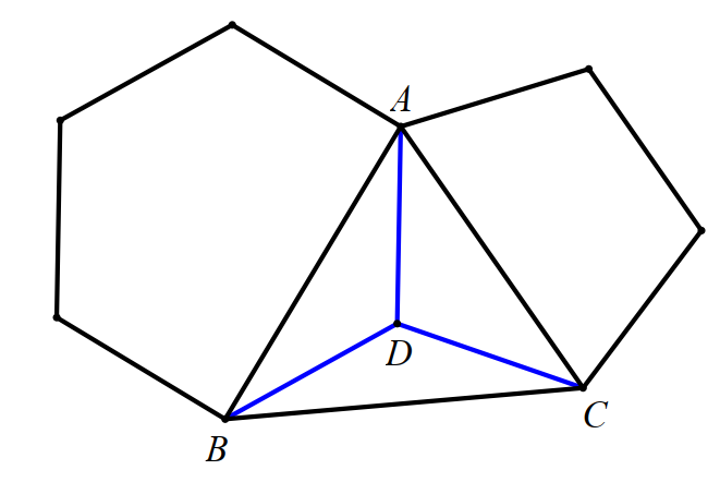 Một lục giác đều và một ngũ giác đều chung cạnh  A D  như hình vẽ. Tính các góc của tam giác  A B C . (ảnh 1)