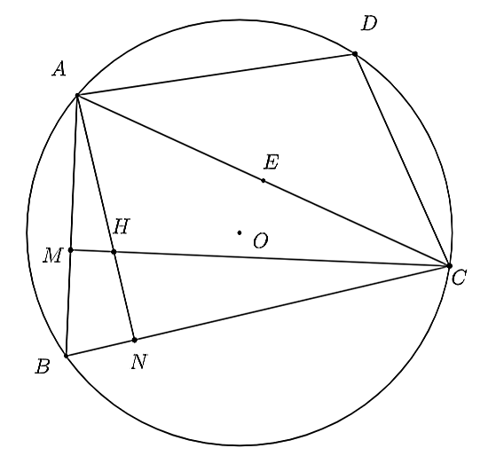 Cho tứ giác nội tiếp A B C D có tam giác A B C là tam giác nhọn. Vẽ các đường cao A M , C N của tam giác A B C . Gọi H là giao điểm của A M và C N . (ảnh 1)