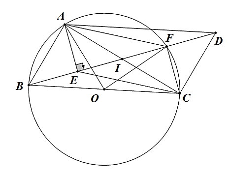 Cho tam giác A B C vuông tại A ( A B < A C ) nội tiếp trong đường tròn tâm O . Dựng đường thẳng d qua A song song với B C , đường thẳng d ′ qua C song song với B A , (ảnh 1)