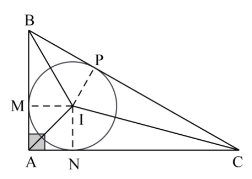 Cho tam giác  A B C  vuông tại  A , có  A B = 6 c m  và  A C = 8 c m  ngoại tiếp đường tròn  I  bán kính  r . Tính  r . (ảnh 1)