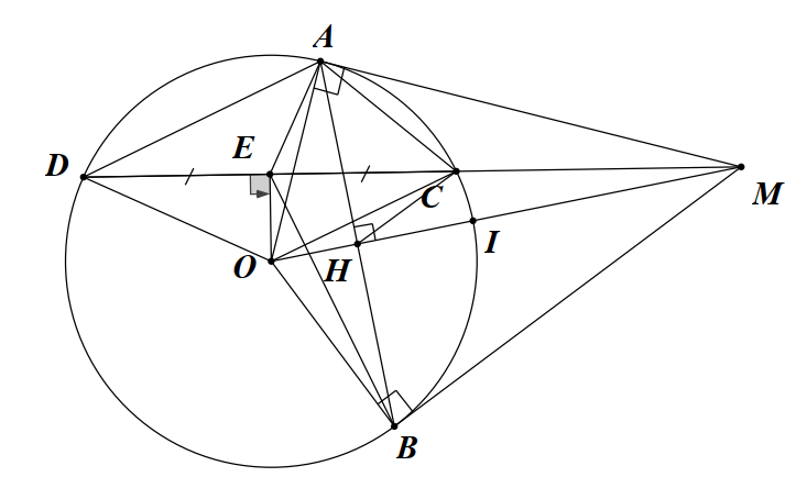 Cho điểm  M  nằm ngoài đường tròn tâm  O . Vẽ tiếp tuyến  M A , M B  của đường tròn với  A , B  là các tiếp điểm. Vẽ cát tuyến  M C D  không đi qua tâm  O  ( C  nằm giữa  M  và  D );  (ảnh 1)