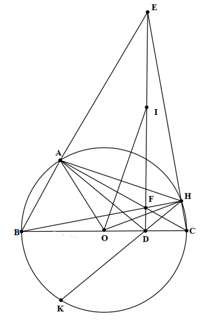 Cho tam giác  A B C  vuông tại  A  nội tiếp  ( O ) . Từ một điểm  D  trên cạnh  B C  kẻ đường thẳng vuông góc với  B C  cắt  A C  tại  F  và cắt tia đối của tia  A B  tại  E . Gọi  H  là giao điểm của  B F  và  C E , tia  H D  cắt  ( O )  tại  K . (ảnh 1)