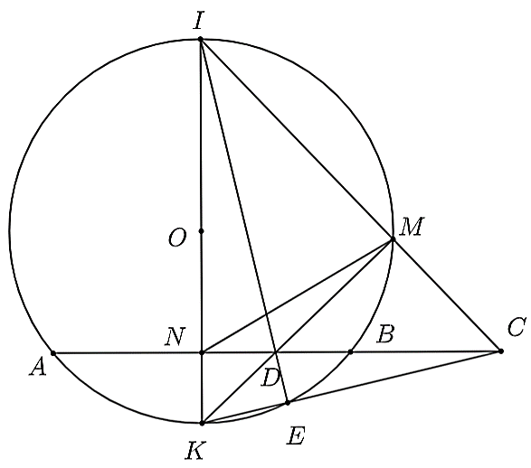 Cho đường tròn  ( O )  có dây cung  A B  cố định. Kẻ đường kính  I K  vuông góc với  A B  tại  N  ( I  thuộc cung lớn  A B ). Lấy điểm  M  bất kì trên cung lớn  A B ,  M K  cắt  A B  tại  D . Hai đường thẳng  I M  và  A B  cắt nhau tại  C . (ảnh 1)