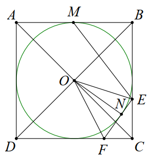 Đường tròn tâm  O  nội tiếp hình vuông  A B C D , tiếp điểm trên  A B  là  M . Một tiếp tuyến với  ( O )  cắt các cạnh  B C , C D  lần lượt ở  E , F . Chứng minh rằng  (a) Các tam giác  D F O  và  B O E  đồng dạng.  (b)  M E ∥ A F . (ảnh 1)