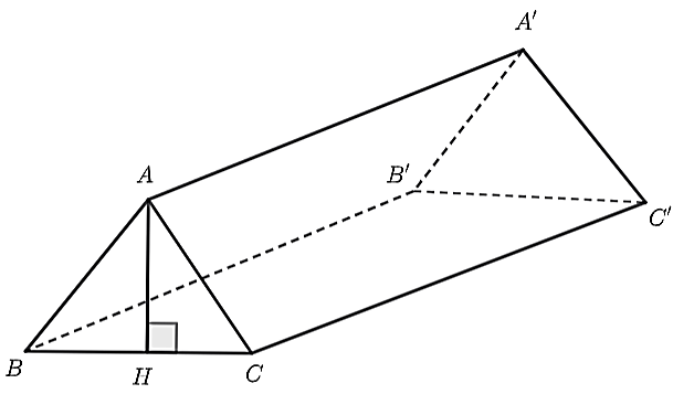 Một lều trại có dạng hình lăng trụ đứng đáy là tam giác, thể tích phần không gian bên trong là 2 , 16 m 3 . Biết chiều dài C C ′ của lều là 2 , 4 m , chiều rộng B C của lều là 1 , 2 m . Hỏi chiều cao A H của lều là bao nhiêu mét? (ảnh 1)