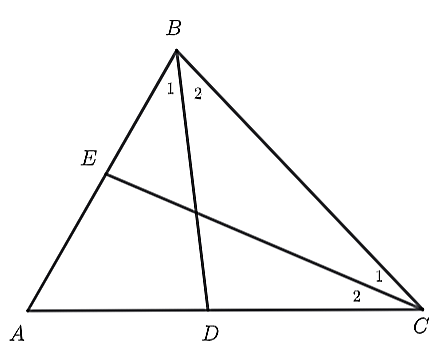 Cho tam giác A B C có ˆ B A C = 60 ∘ . Tia phân giác của góc B cắt A C ở D . Tia phân giác của góc C cắt A B ở E ; B D và C E cắt nhau ở M . Hỏi số đo ˆ E M D bằng bao nhiêu độ? (ảnh 1)