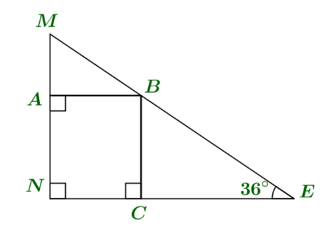 Cho hình vẽ sau. Biết A B ⊥ M N , N E ⊥ M N , B C ⊥ N E và ˆ C E B = 36 ∘ . Khi đó số đo ˆ C B E bằng (ảnh 1)