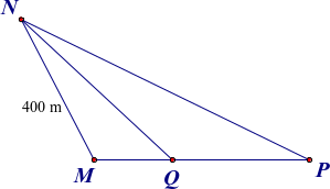 Trong một sân vận động, ba địa điểm M , N , P là ba đỉnh của một tam giác M N P với ˆ M là góc tù và M N = 400 m như hình dưới đây. Giả sử bán kính để nghe rõ tiếng loa là 400 m và Q là điểm đặt chiếc loa, khi đó: (ảnh 1)