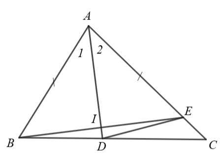 Cho ΔABC có AC>AB. Tia phân giác của ˆA cắt BC ở D. Trên AC lấy điểm E sao choAE=AB. Khi đó: (ảnh 2)