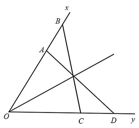 Cho góc nhọn xOy. Trên tia Ox lấy hai điểm A,B, trên tia Oy lấy hai điểm C,D sao cho OA=OC,OB=OD (A nằm giữa O và B,C nằm giữa O và D). Khẳng định nào sau đây là sai? (ảnh 1)