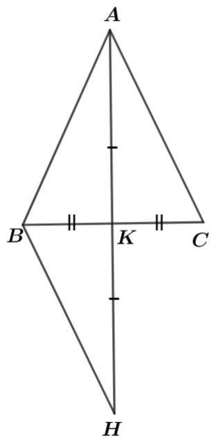 Cho ΔABC có AB=AC. Gọi K là trung điểm của đoạn thẳng BC. Trên tia đối của tia KA, lấy điểm H sao cho KH=KA. Khi đó: (ảnh 1)