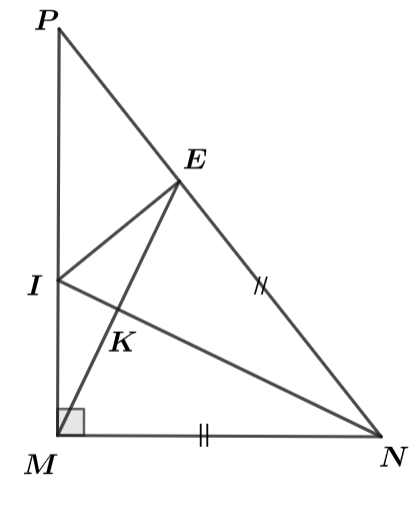 Cho ΔMNP vuông tại M có MN<MP. Trên cạnh NP lấy điểm E sao cho NM=NE. Gọi K là trung điểm của ME. Kẻ NK cắt MP tại I. Khi đó: (ảnh 1)