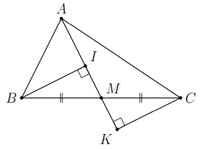 Cho tam giác ABC,M là trung điểm của cạnh BC. Vẽ BI,CK vuông góc với AM. Biết rằng KC=4cm. Tính độ dài cạnh BI (đơn vị: cm). (ảnh 1)