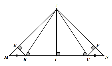 Cho ΔABC có ˆB=ˆC. Trên tia đối của tia BC lấy điểm M, trên tia đối của tia CB lấy điểm N sao cho BM=CN. Kẻ AI⊥BC(I∈BC),BE⊥AM(E∈AM),CF⊥AN(F∈AN). Khi đó (ảnh 1)