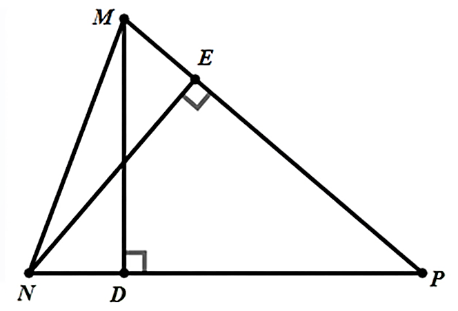 Cho ΔMNP nhọn. Kẻ MD⊥NP(D∈NP),NE⊥MP(E∈MP). Khi đó: (i). MN>MD. (ii). NM<NE. (iii). 2NM>NE+MD. Hỏi trong các khẳng định trên, có bao nhiêu khẳng định đúng? (ảnh 1)