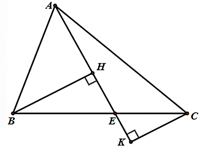 Cho ΔABC, điểm E nằm giữa B,C (AE không vuông góc với BC). Gọi H và K là chân các đường vuông góc kẻ từ B,C đến đường thẳng AE. Khi đó: (i). BE>BH. (ii). CK<EC. (ảnh 1)