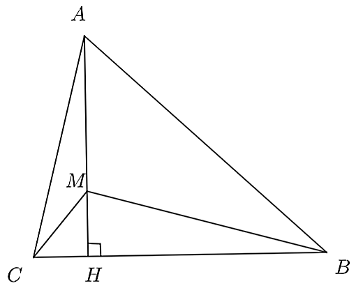 Cho tam giác ABC có AB>AC. Từ A hạ AH⊥BC, trên đường thẳng AH lấy điểm M tùy ý. (ảnh 1)